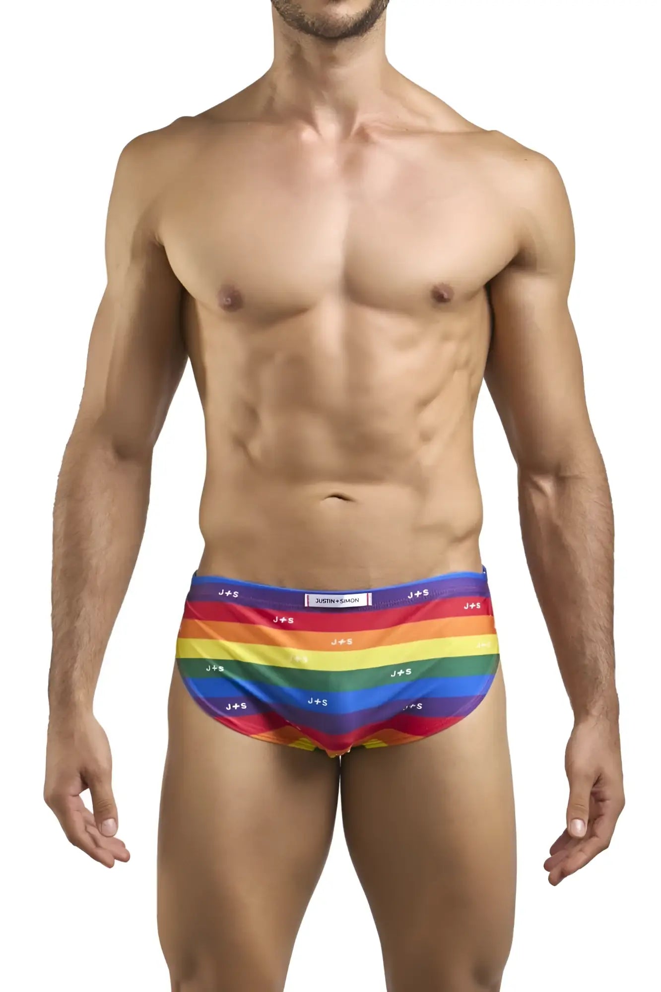 Rainbow-striped justin simon xsj09 running shorts with repeating js logo waistband in pride flag colors