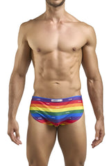 Rainbow-striped justin simon xsj09 running shorts with repeating js logo waistband in pride flag colors