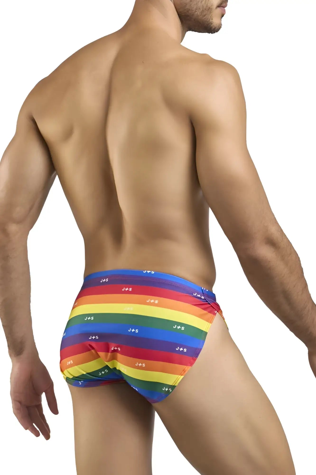 Rainbow-striped justin simon xsj09 pride flag running shorts with repeating joo logo pattern for active wear