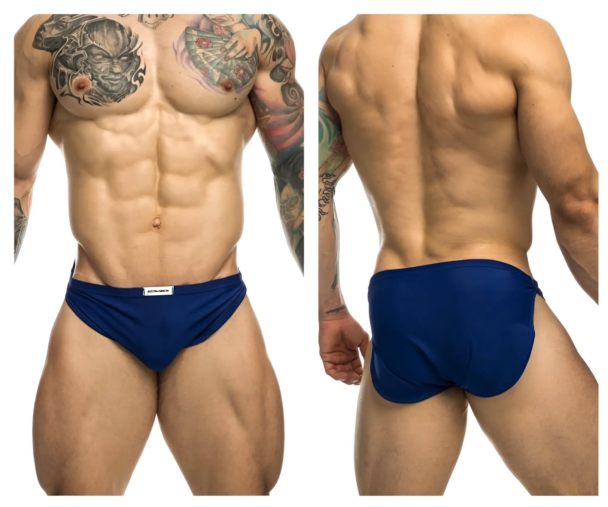 Navy blue Justin Simon XSJ09 athletic briefs with white brand tag on waistband designed for running use