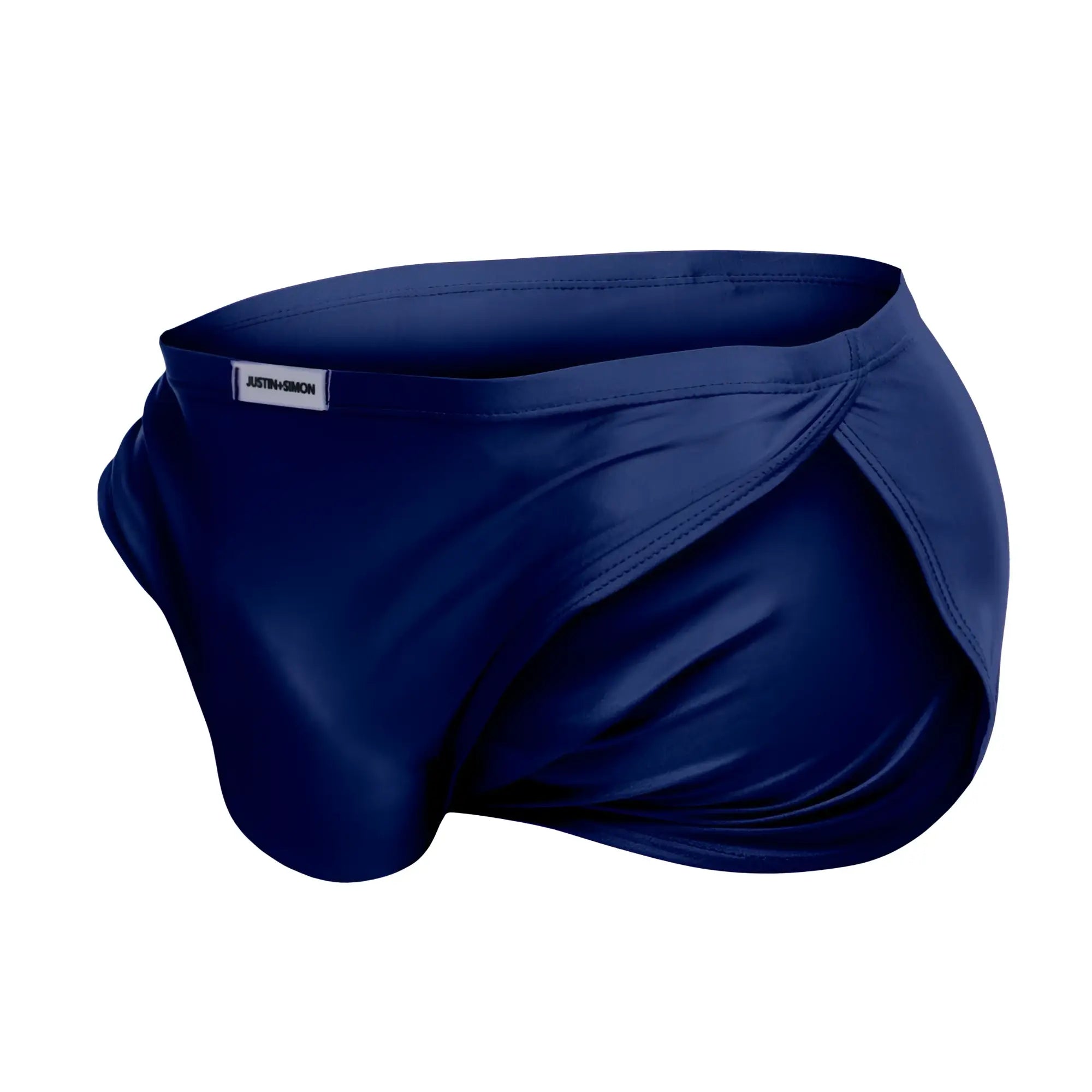 Navy blue satin justin simon xsj09 running shorts with sleek form-fitting design and branded waistband label