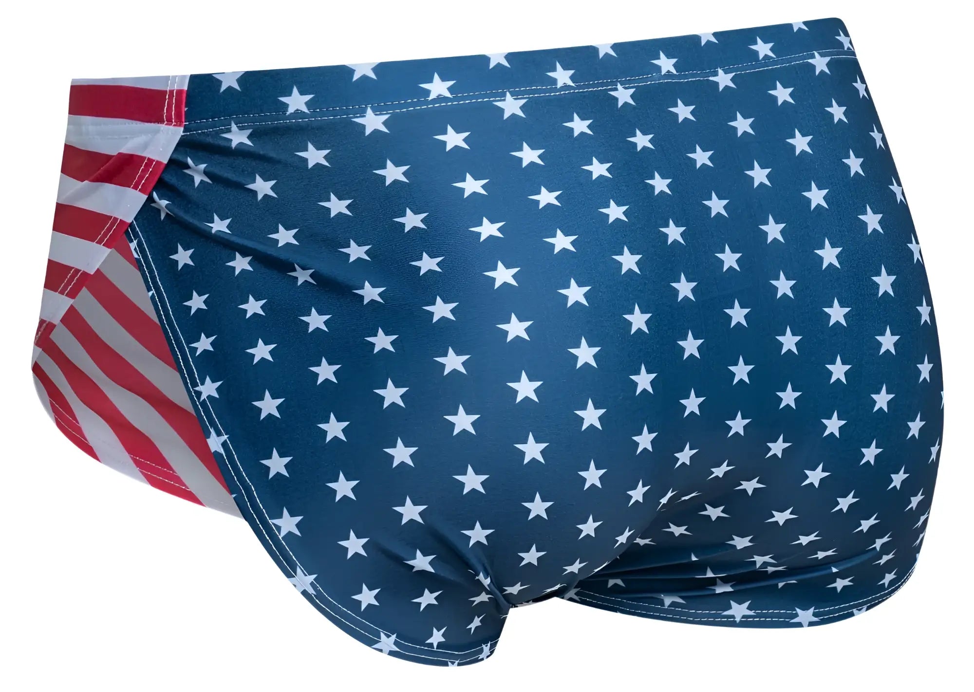 Blue swim trunks by justin simon with white stars and red white striped side panel in usa flag colors