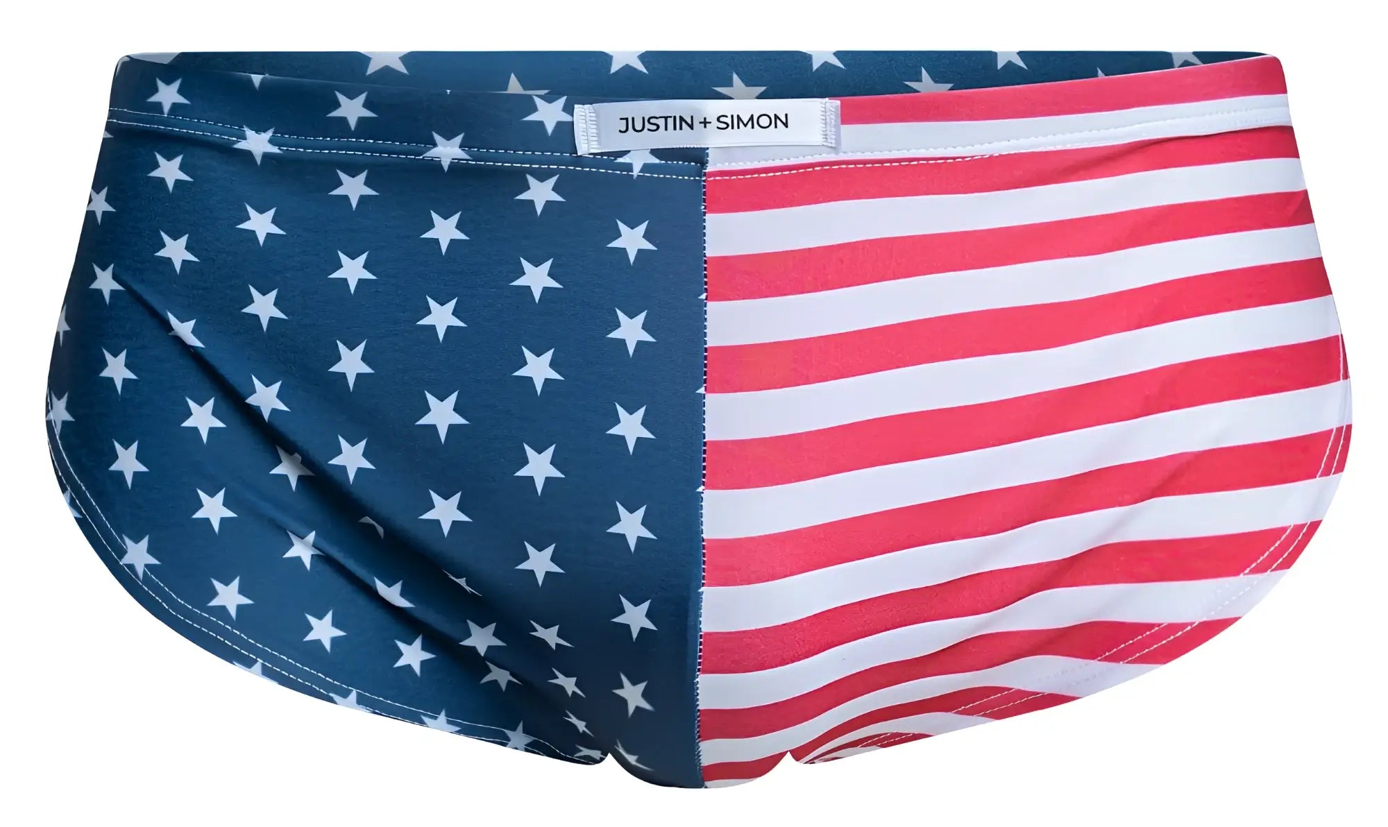 Justin simon men’s swim trunks with bold usa flag design featuring red white stripes and blue with white stars