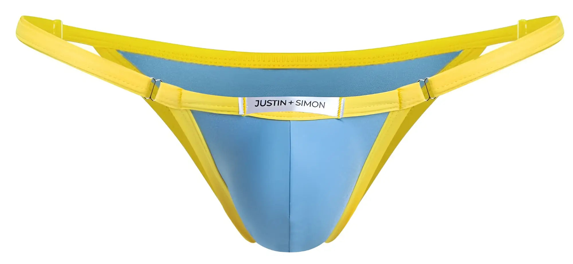 Bright yellow and light blue justin simon xsj12 bikini thong with sleek modern design in baby blue color