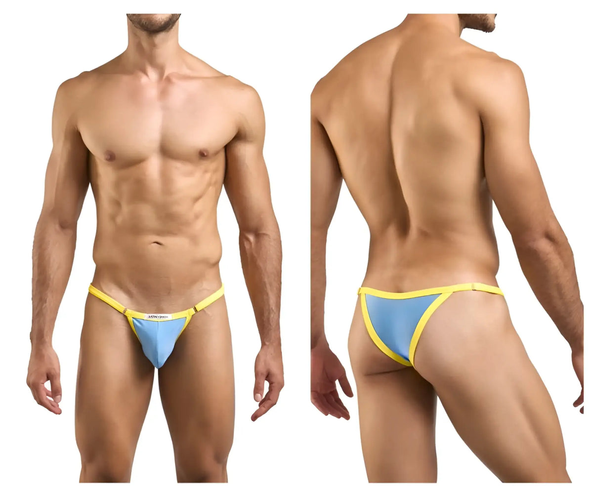 Blue and yellow thong bikini with thin elastic waistband from justin simon xsj12 in baby blue color back view