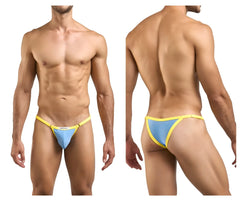Blue and yellow thong bikini with thin elastic waistband from justin simon xsj12 in baby blue color back view