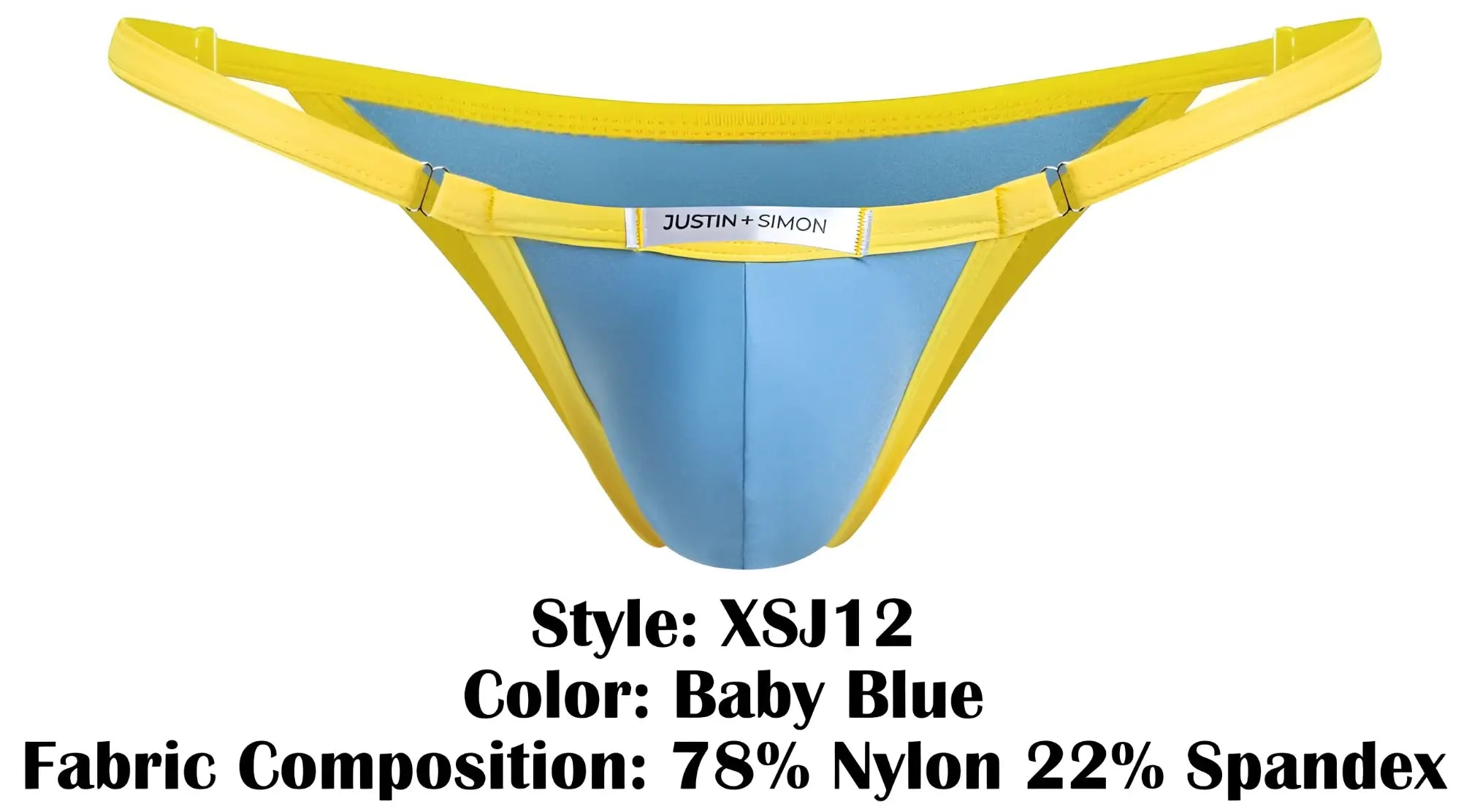 Baby blue and yellow bikini thong with justin simon brand label in xsj12 style for swimwear use