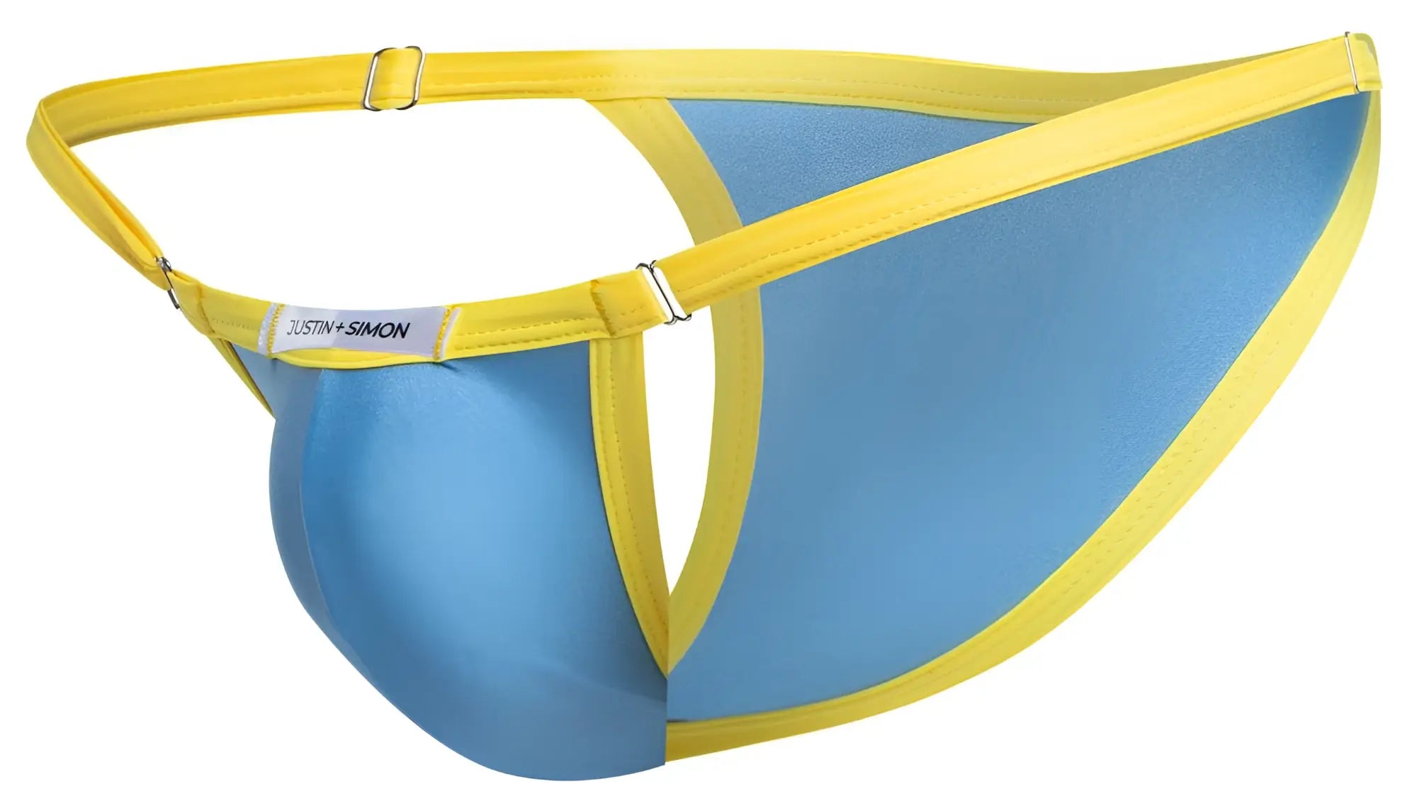 Justin Simon XSJ12 bikini thong in baby blue and yellow with satin-like finish showing front side design