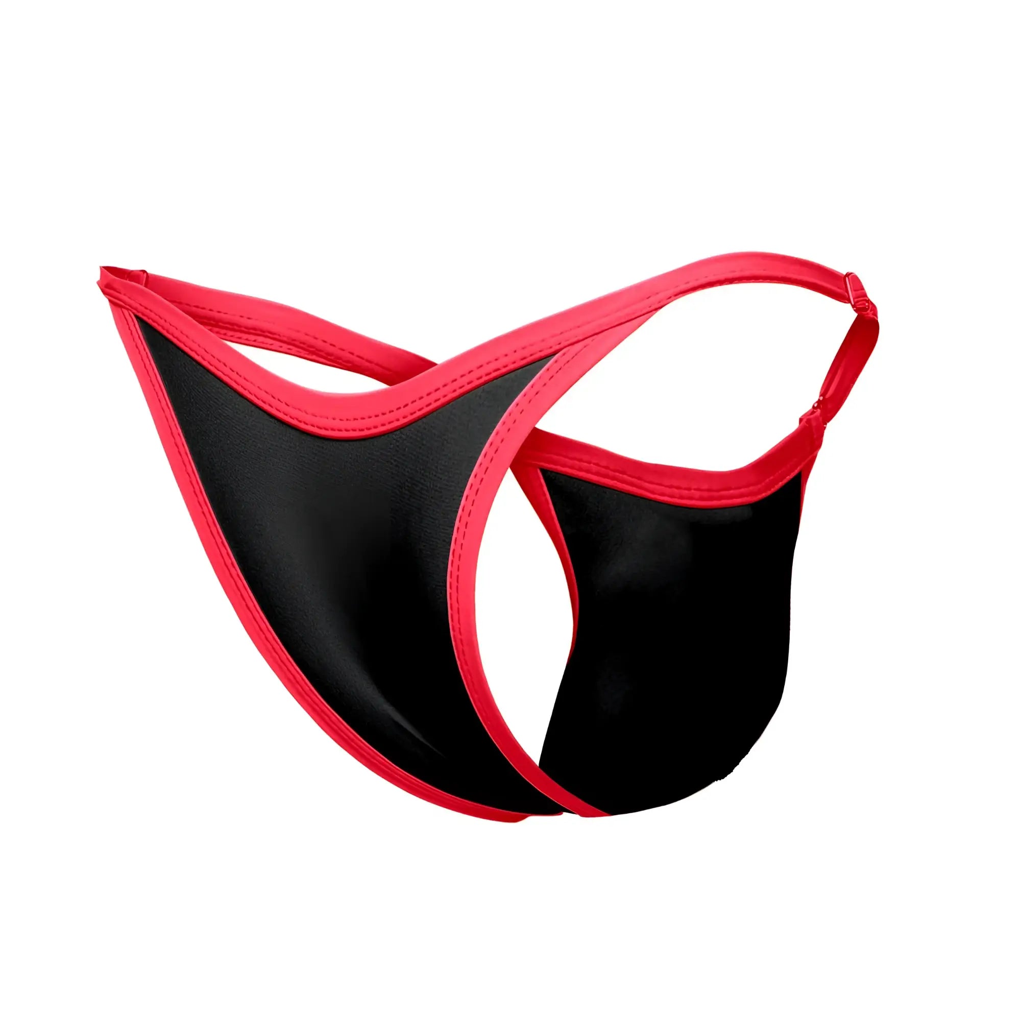 Black and red satin thong bikini by justin simon with sleek minimalist design in one color black