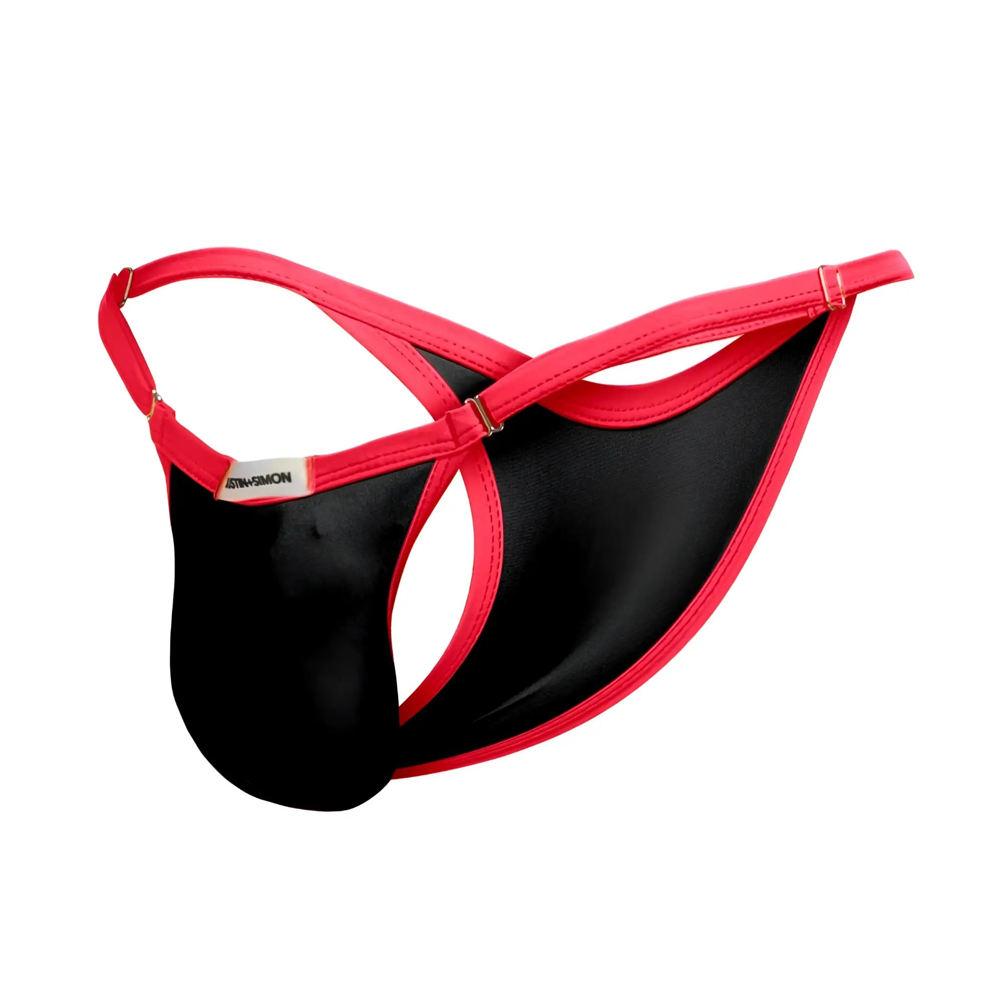 Black and red justin simon xsj12 bikini thong with shiny smooth fabric and bright pink straps shown from the back