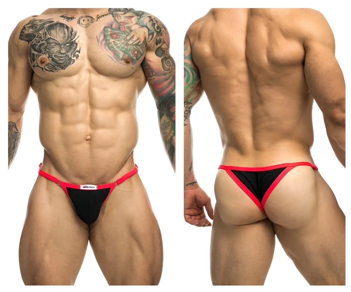 Justin+Simon XSJ12 bikini black thong with thin contrasting red trim along edges shown from the back side