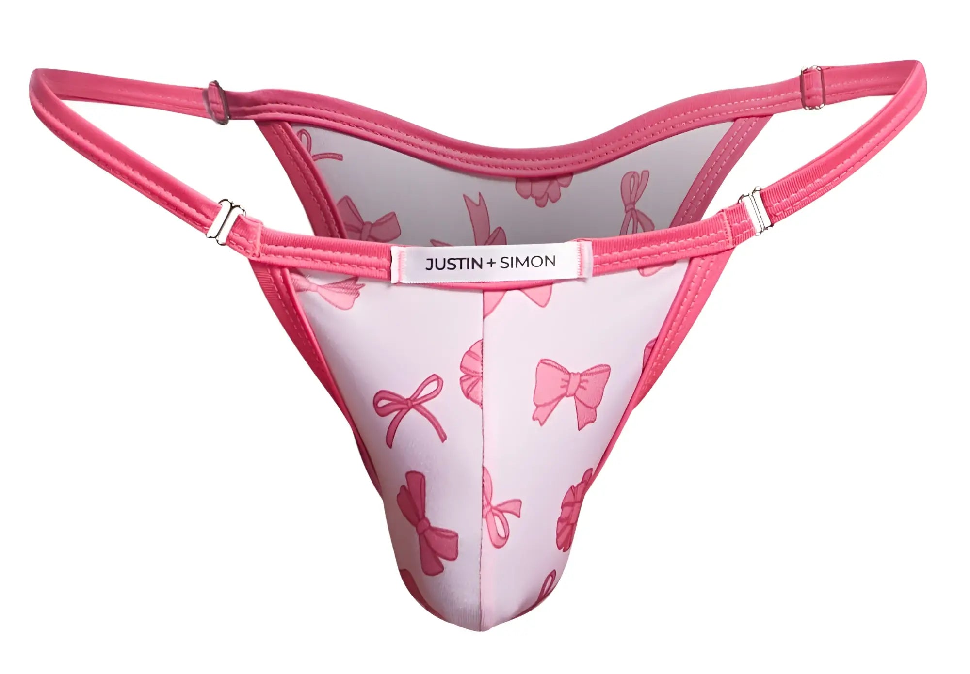 Pink bow-patterned thong bikini by justin + simon in coquette color for stylish swimwear use