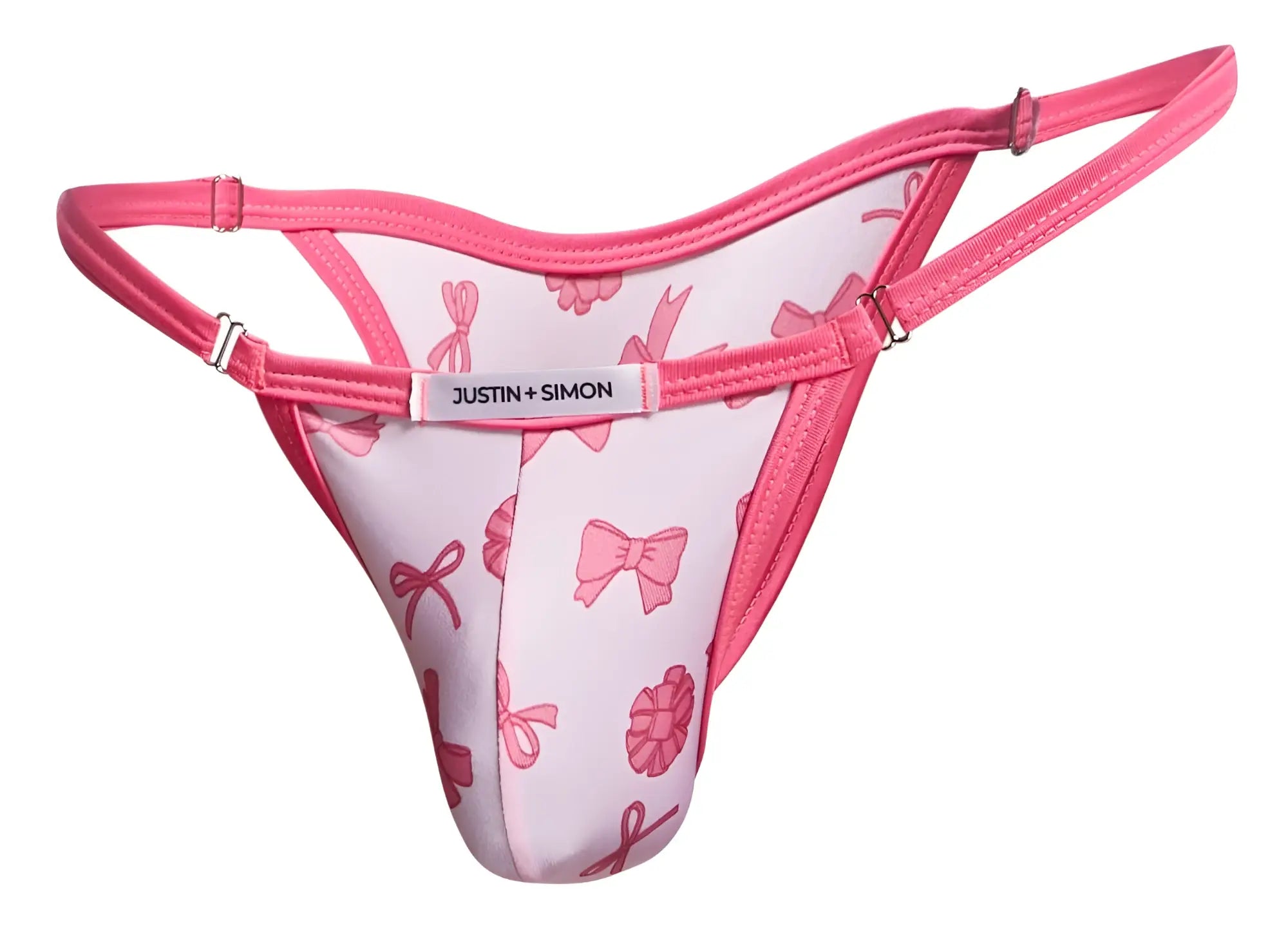 Pink bow-patterned thong bikini by justin + simon in coquette color showing back side design