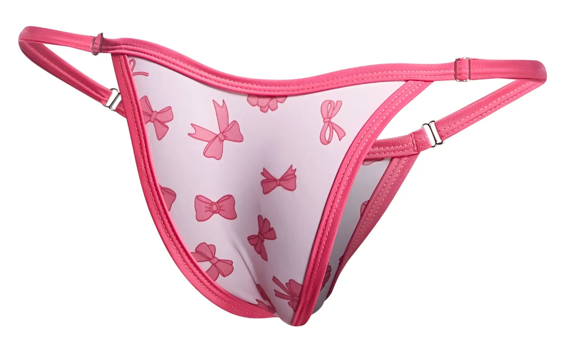 Justin simon xsj12 bikini color coquette pink thong with bow pattern matching pink trim and adjustable straps