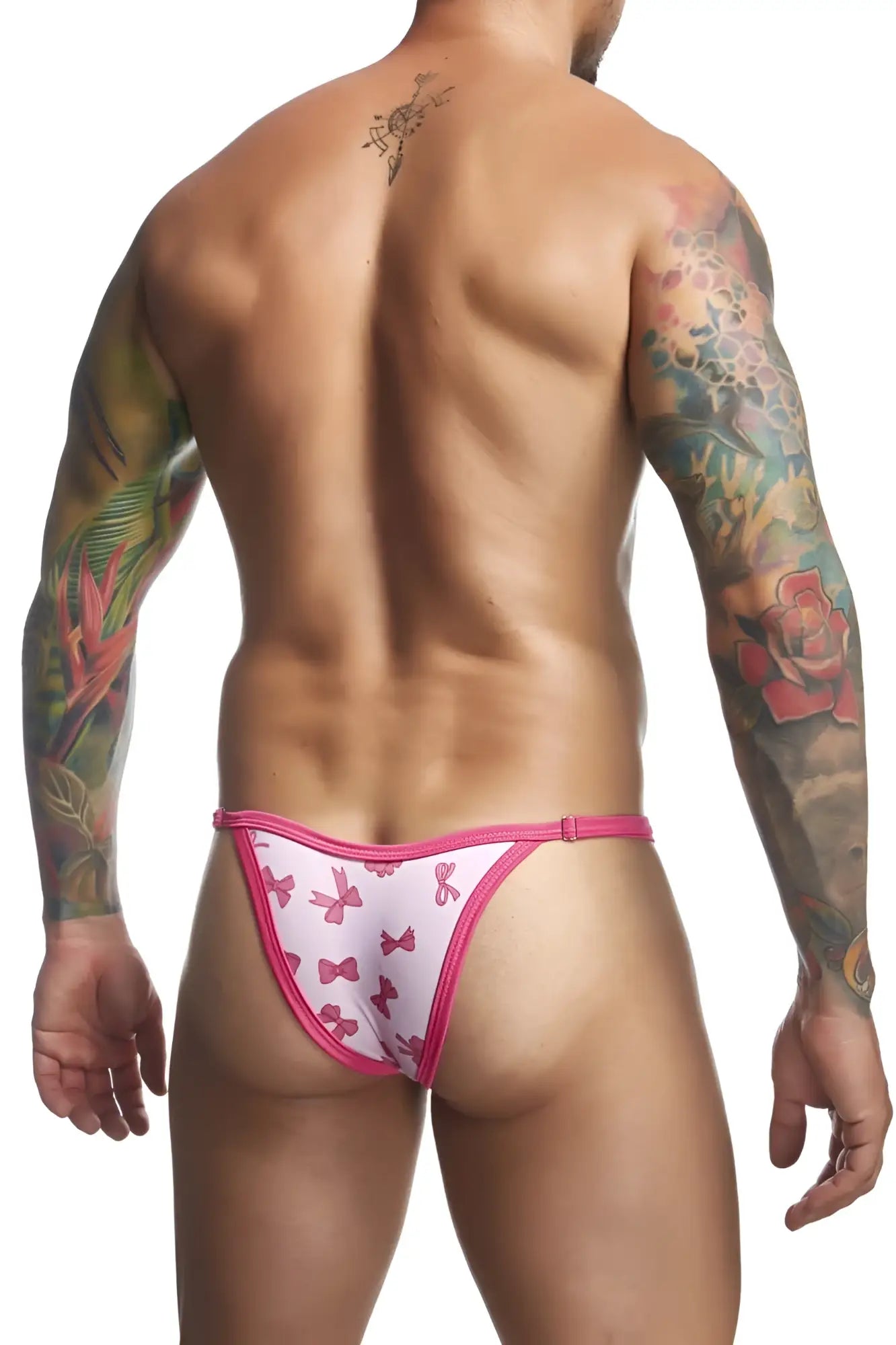 Justin+Simon XSJ12 bikini color coquette pink and white bow-patterned thong with bright pink trim front view