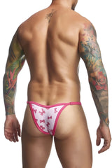 Justin+Simon XSJ12 bikini color coquette pink and white bow-patterned thong with bright pink trim front view