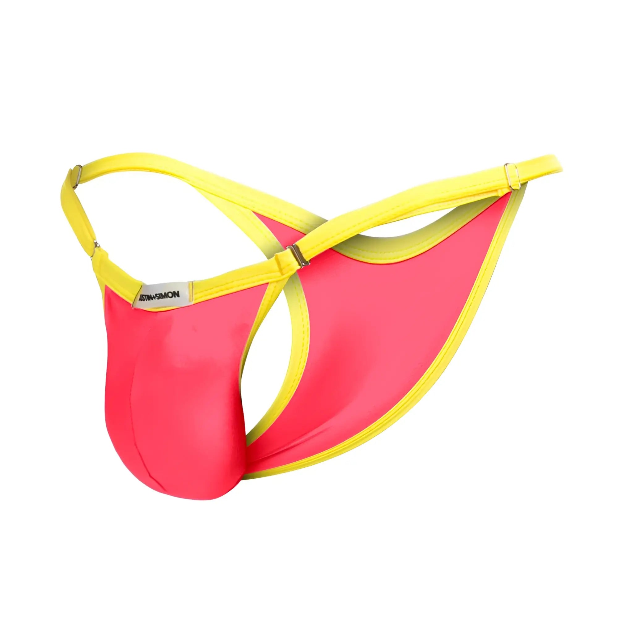 Bright pink and yellow justin simon xsj12 bikini men’s thong with shiny stretchy fabric in coral color