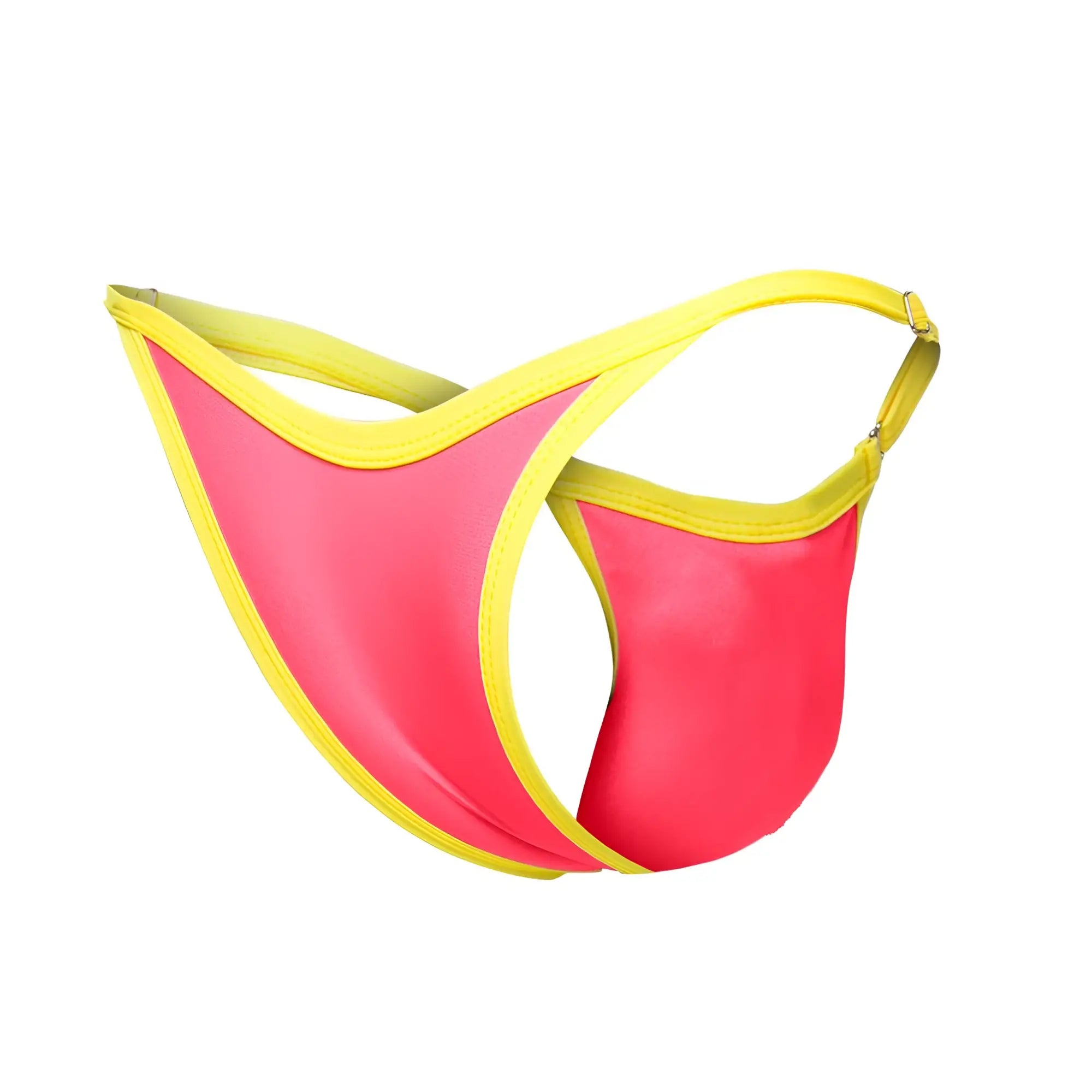 Justin simon xsj12 bikini coral thong in vibrant pink and yellow with glossy stretchy fabric finish visible from the back