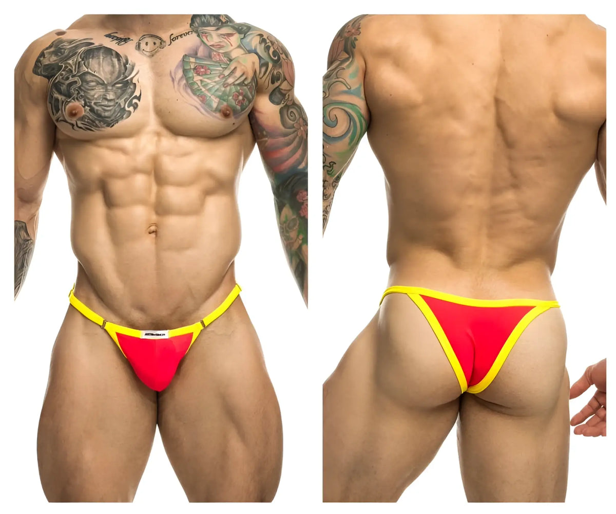Justin+Simon XSJ12 bikini briefs in vibrant coral with bold red and yellow contrasting trim for athletic wear