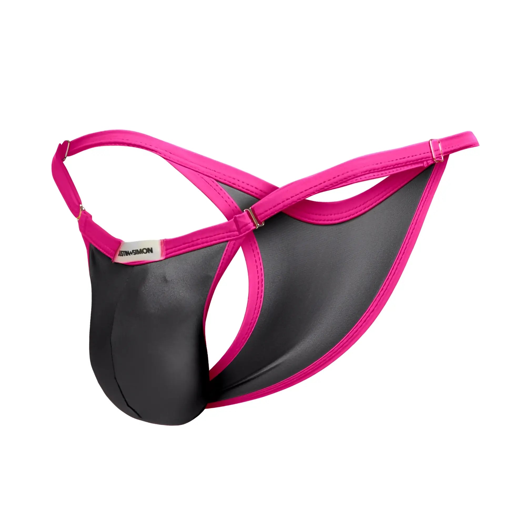 Justin simon xsj12 men’s thong in vibrant pink and black with satin finish and adjustable straps