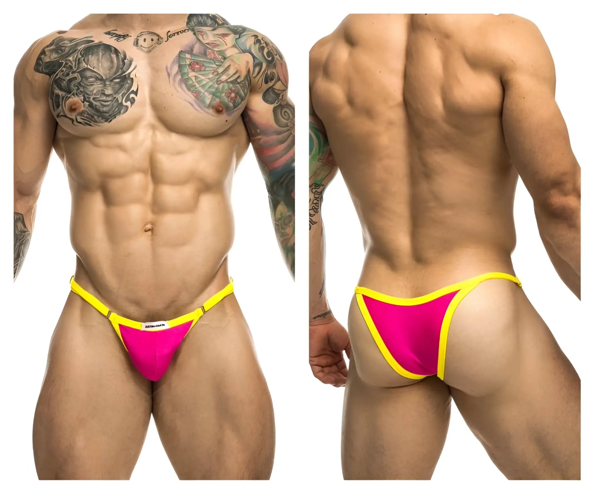 Justin simon xsj12 bikini thong in hot pink with bright pink and yellow colors and a sleek form-fitting design