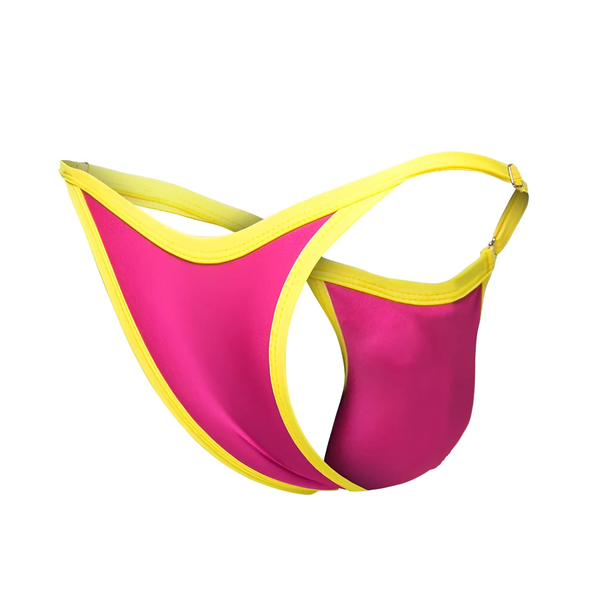 Vibrant fuchsia and yellow thong bikini with sleek satin finish from justin simon xsj12 in hot pink
