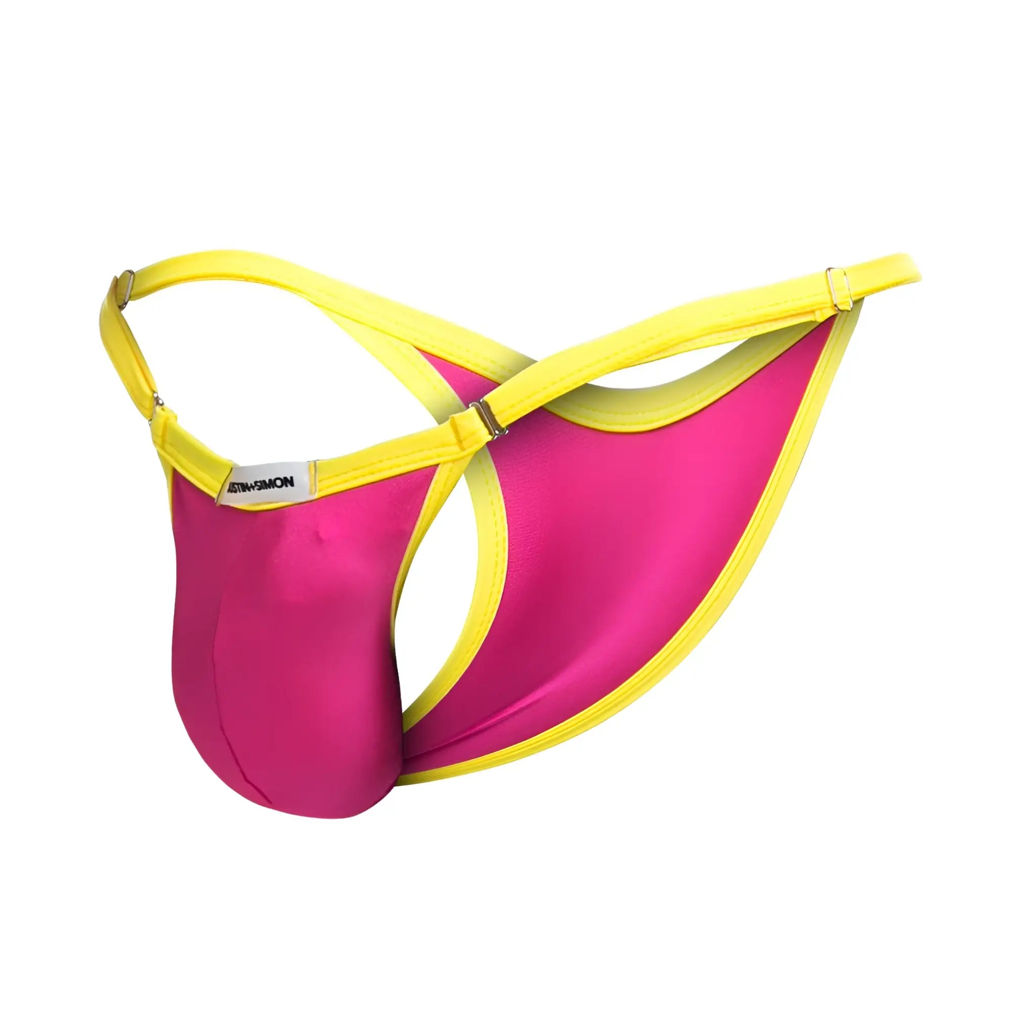 Vibrant pink and yellow justin simon xsj12 bikini men’s thong with sleek satin finish