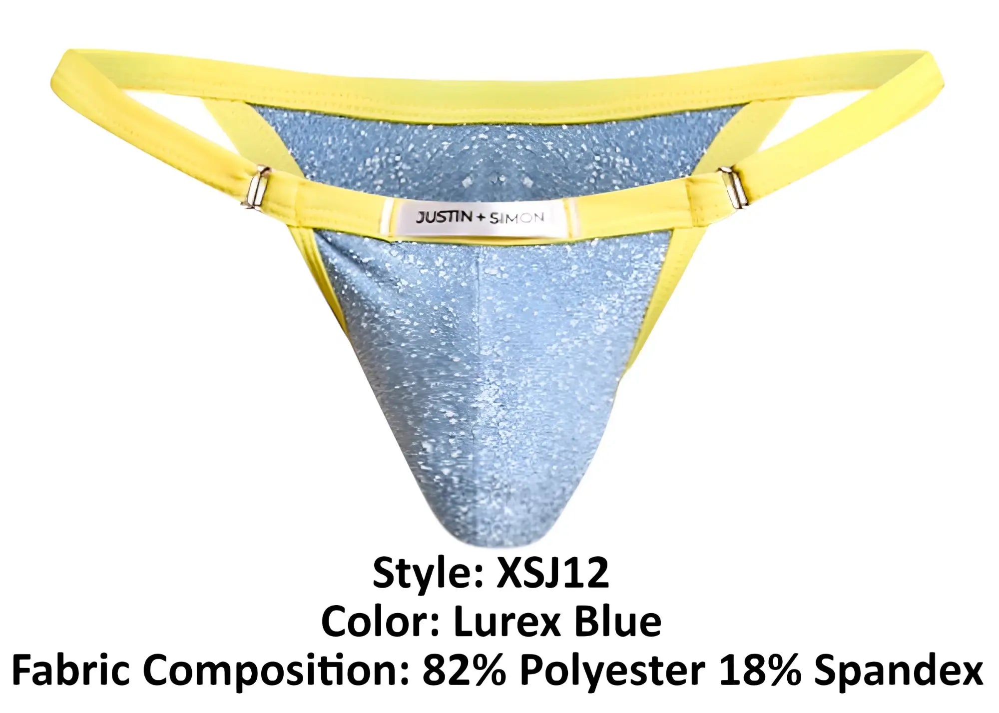 Lurex blue glittery thong bikini with bright yellow elastic waistband and justin + simon brand label