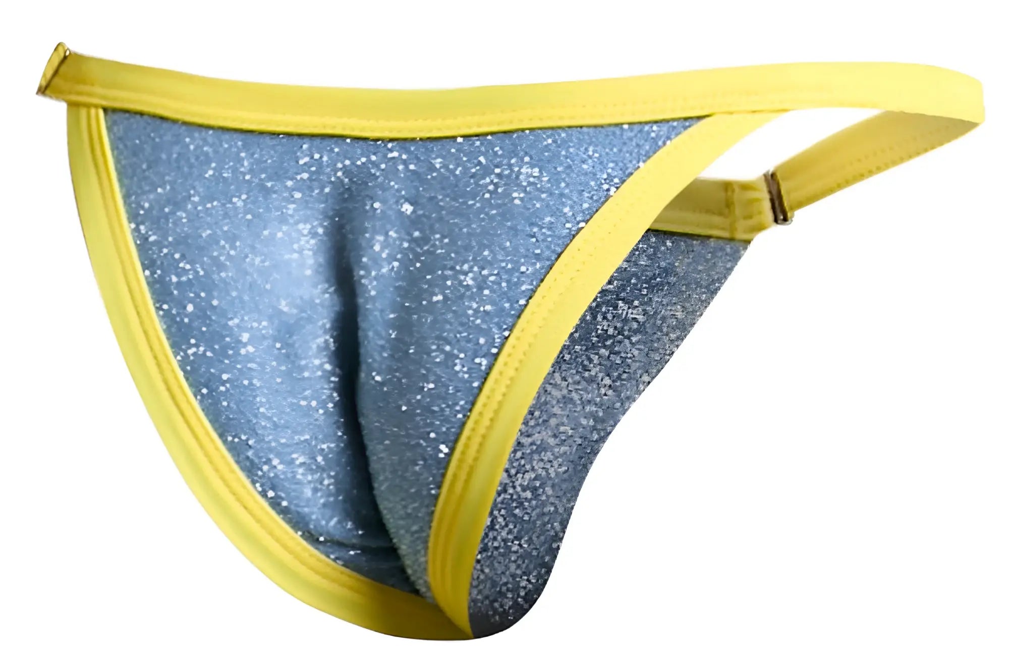 Blue glittery thong bikini with bright yellow trim and elastic waistband from JUSTIN+SIMON XSJ12 Lurex collection