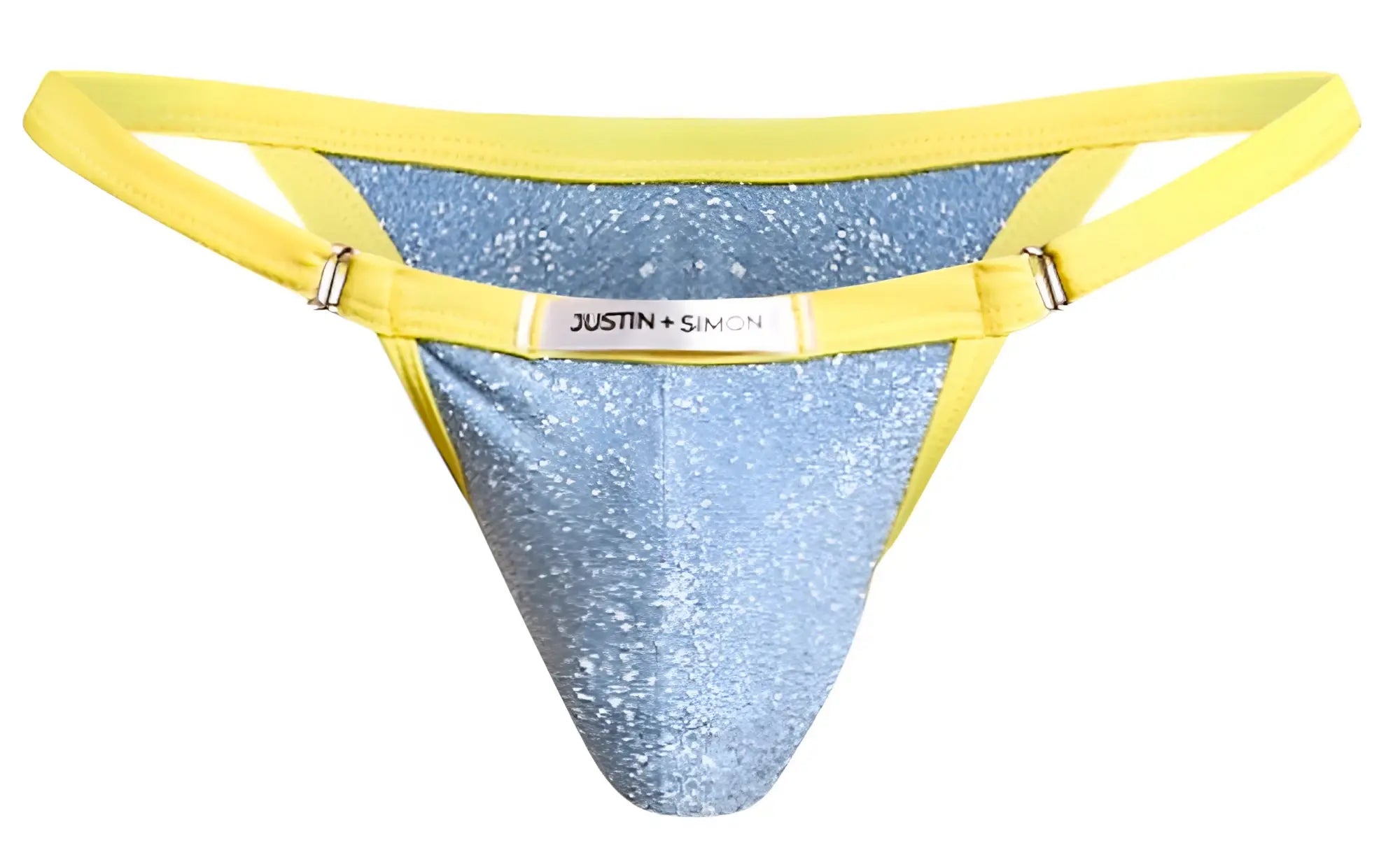 A shimmering light blue glittery lurex bikini thong with bright yellow elastic straps and silver justin plus simon tag