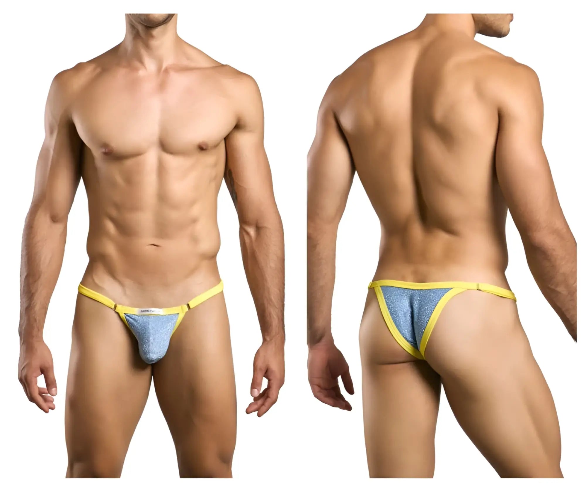 Blue and yellow athletic briefs with textured lurex fabric from justin simon xsj12 bikini color lurex blue collection