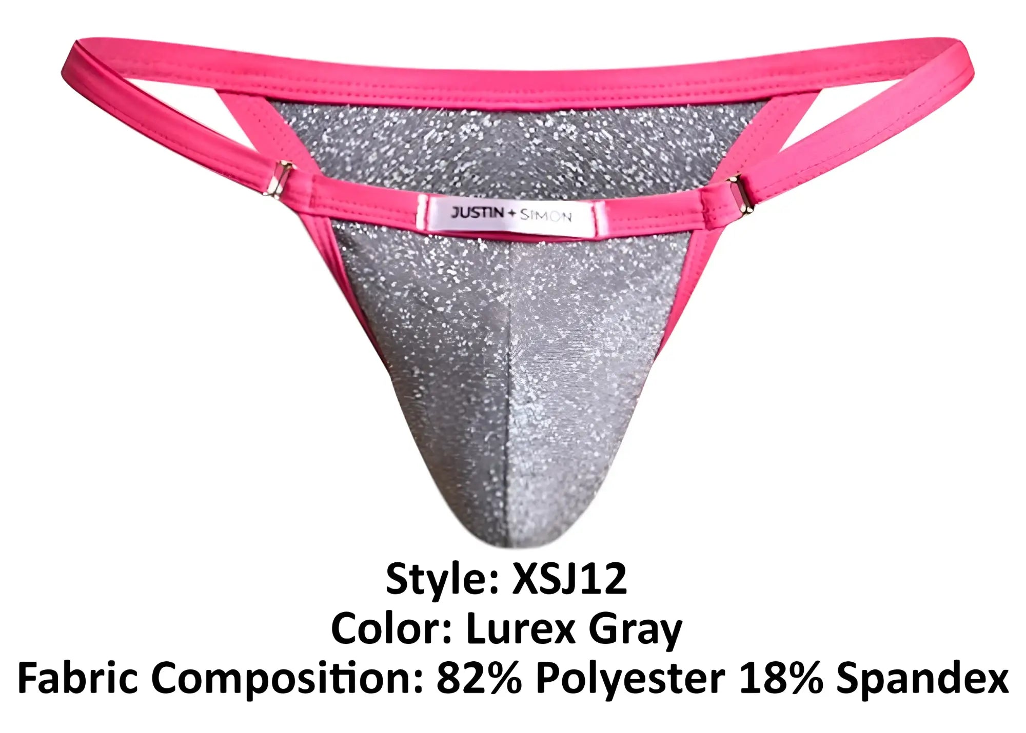 Lurex gray glittery bikini thong with vibrant pink trim and JUSTIN+SIMON branded label in XSJ12 style