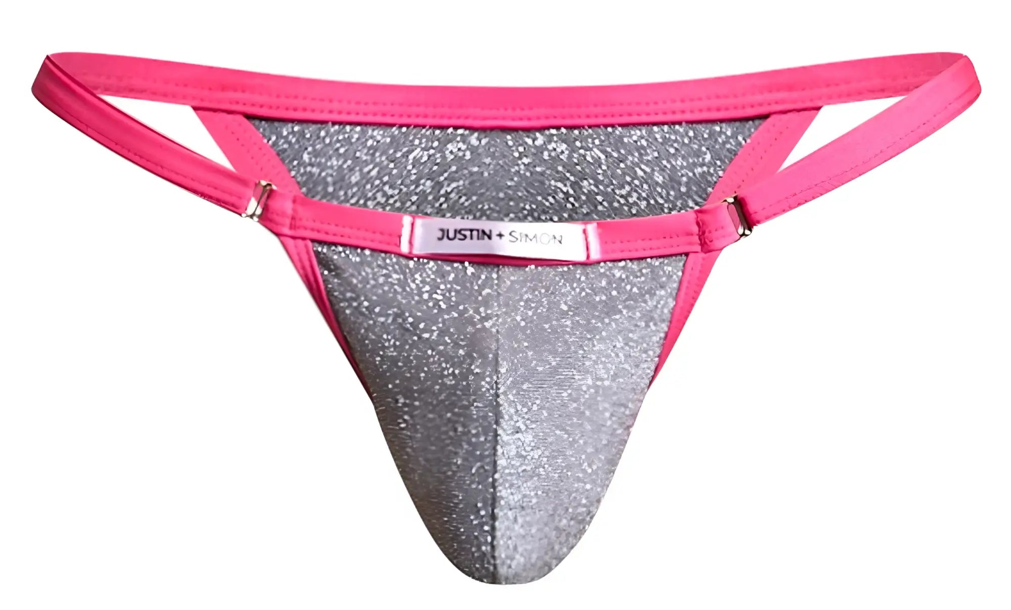 A vibrant pink and silver glitter thong bikini in lurex material from justin+simon xsj12 with a sleek design
