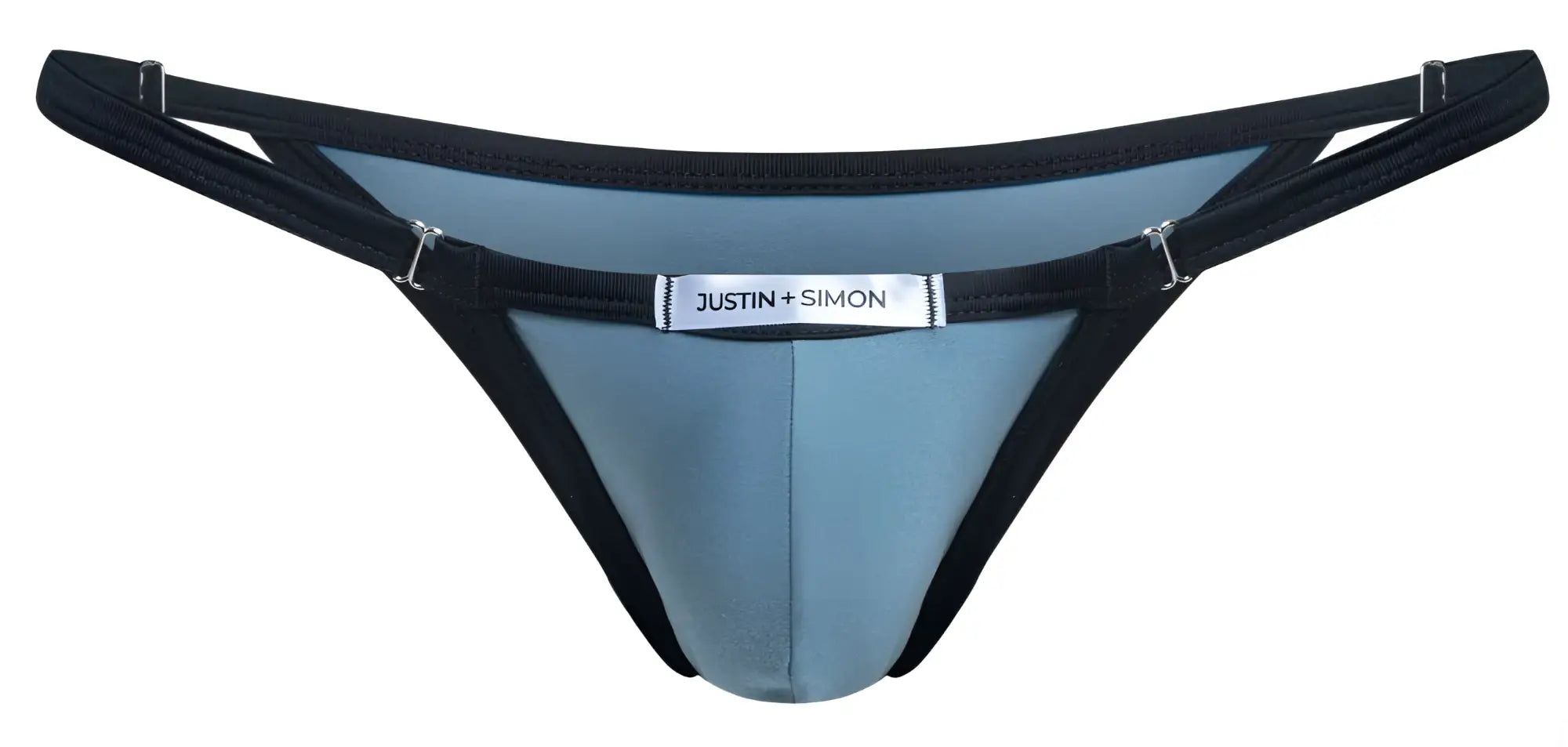 Blue and black justin simon thong with sleek contoured design in metal green color for stylish swimwear use