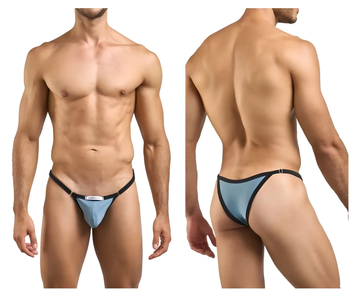 Light blue and black Justin+Simon XSJ12 bikini thong with sleek minimalist design and metal green accents