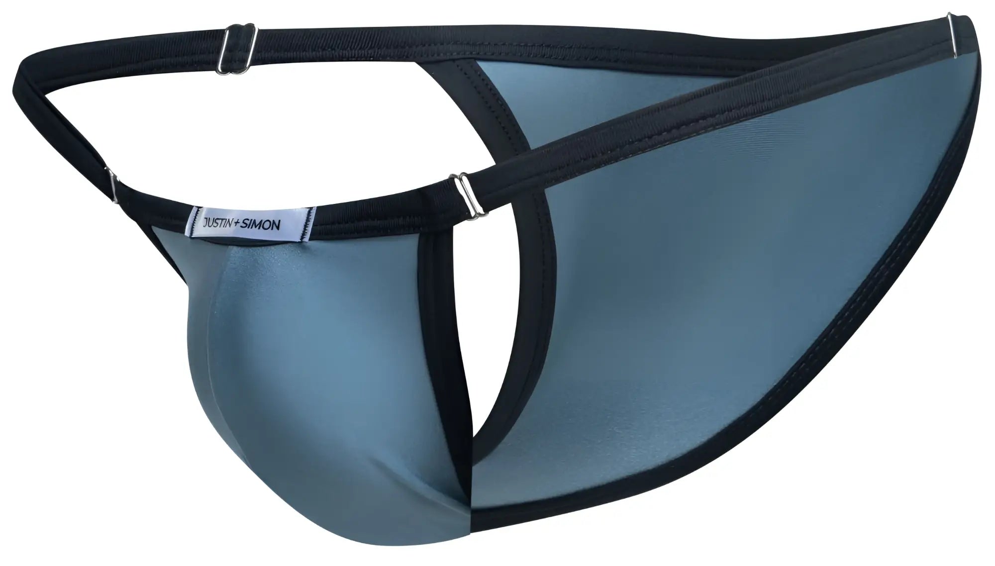 A sleek slate blue satin thong with black trim and silver metal clasps from JUSTIN SIMON XSJ12 bikini collection