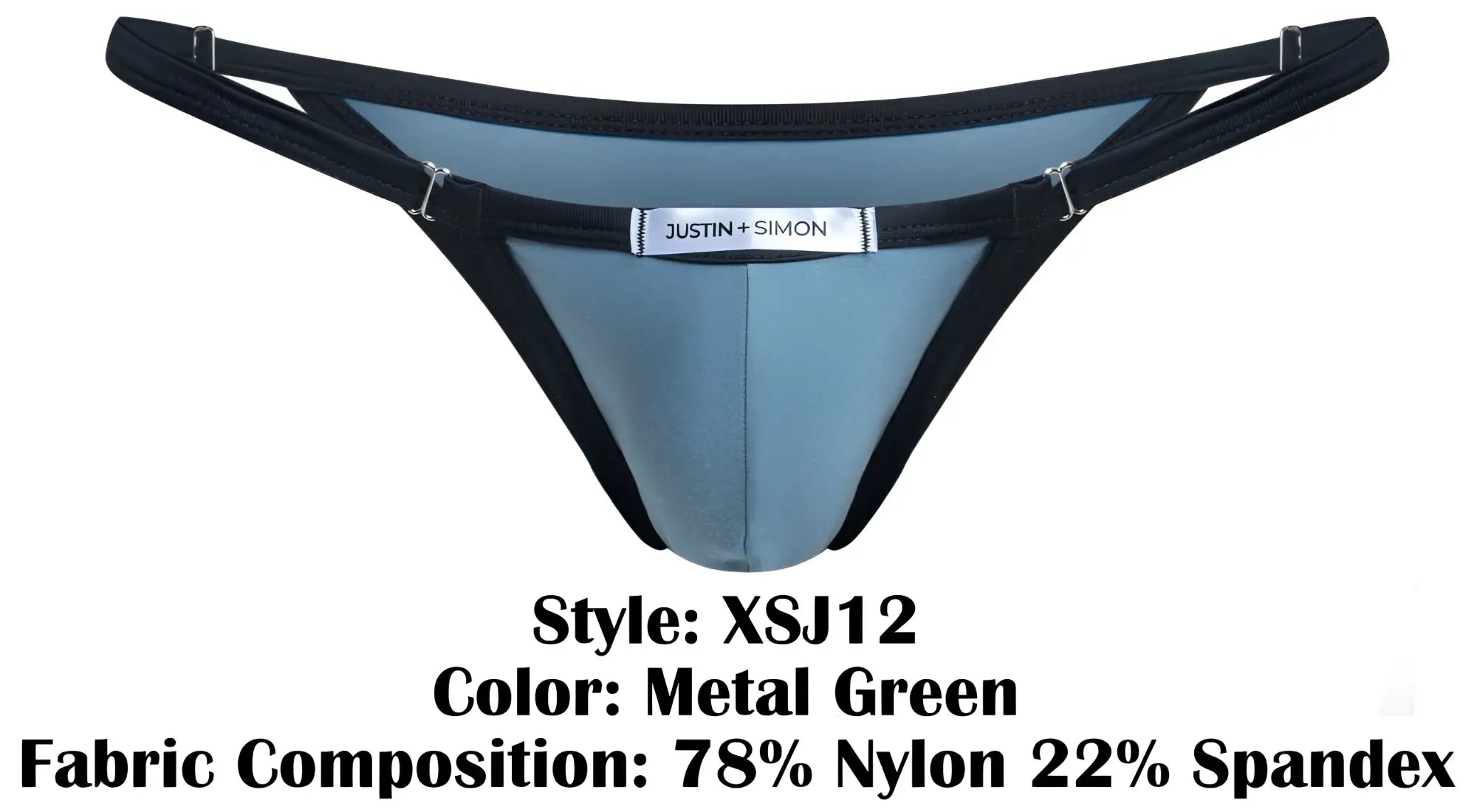 Metal green bikini thong with black trim and silver justin simon label in xsj12 style by Justin Simons