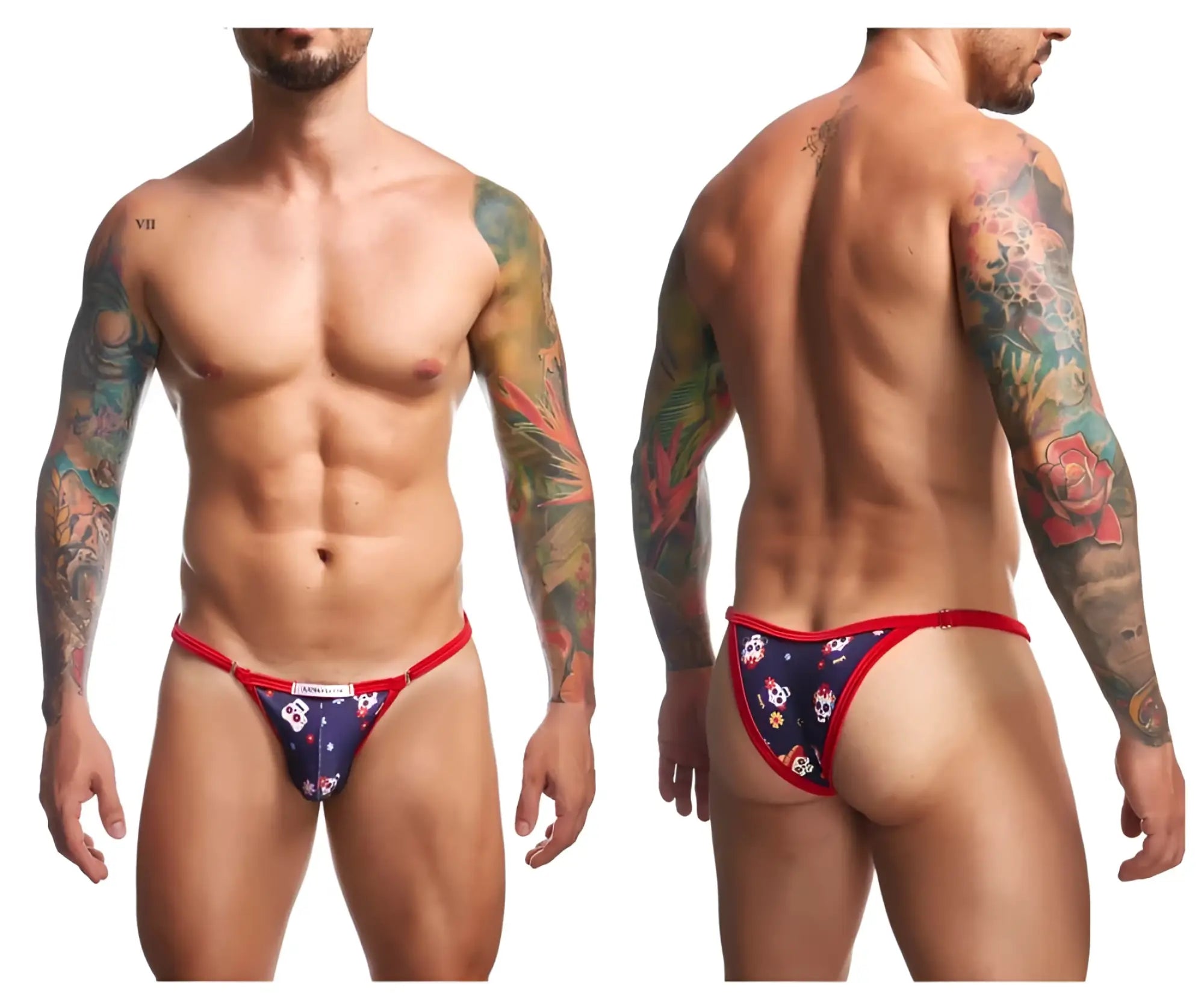 Navy blue and red patterned men’s thong with skull design from JUSTIN+SIMON XSJ12 bikini color Mexico collection
