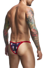 Red-trimmed navy blue thong bikini with playful skull and floral pattern by justin+simon xsj12 mexico color