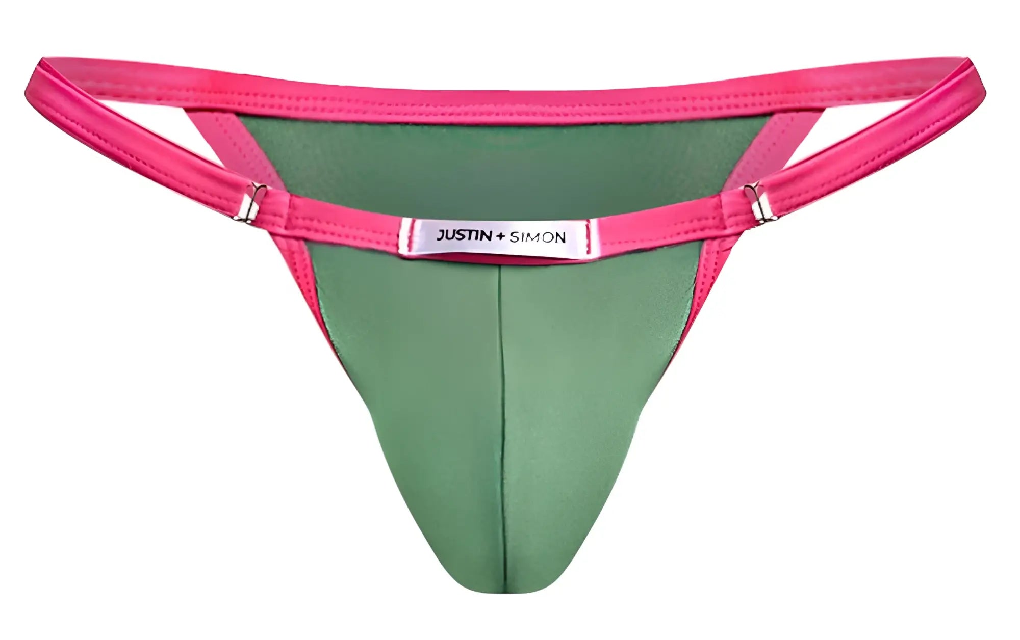 Bright pink and green bikini thong with silver justin plus simon brand tag on waistband in new green color