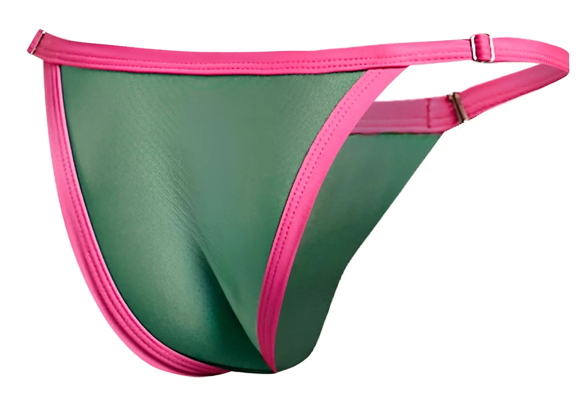 Green and pink thong bikini with shiny stretchy fabric and bright pink trim from JUSTIN+SIMON XSJ12 collection