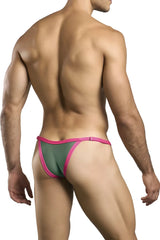 A vibrant pink and olive green justin simon xsj12 bikini thong with a sleek form-fitting design in new green color