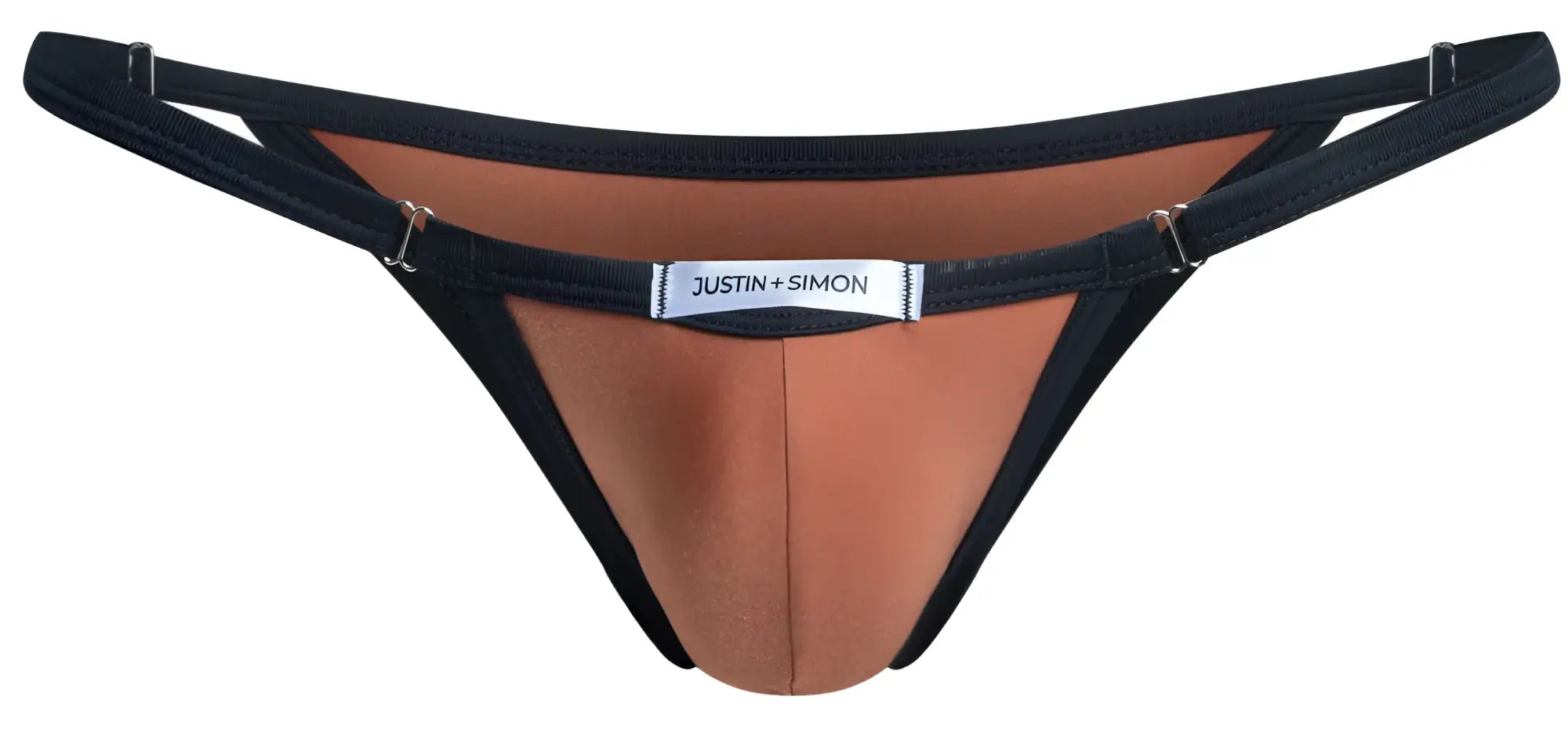 Black and tan ochre bikini thong with silver justin simon label at the center in xsj12 style