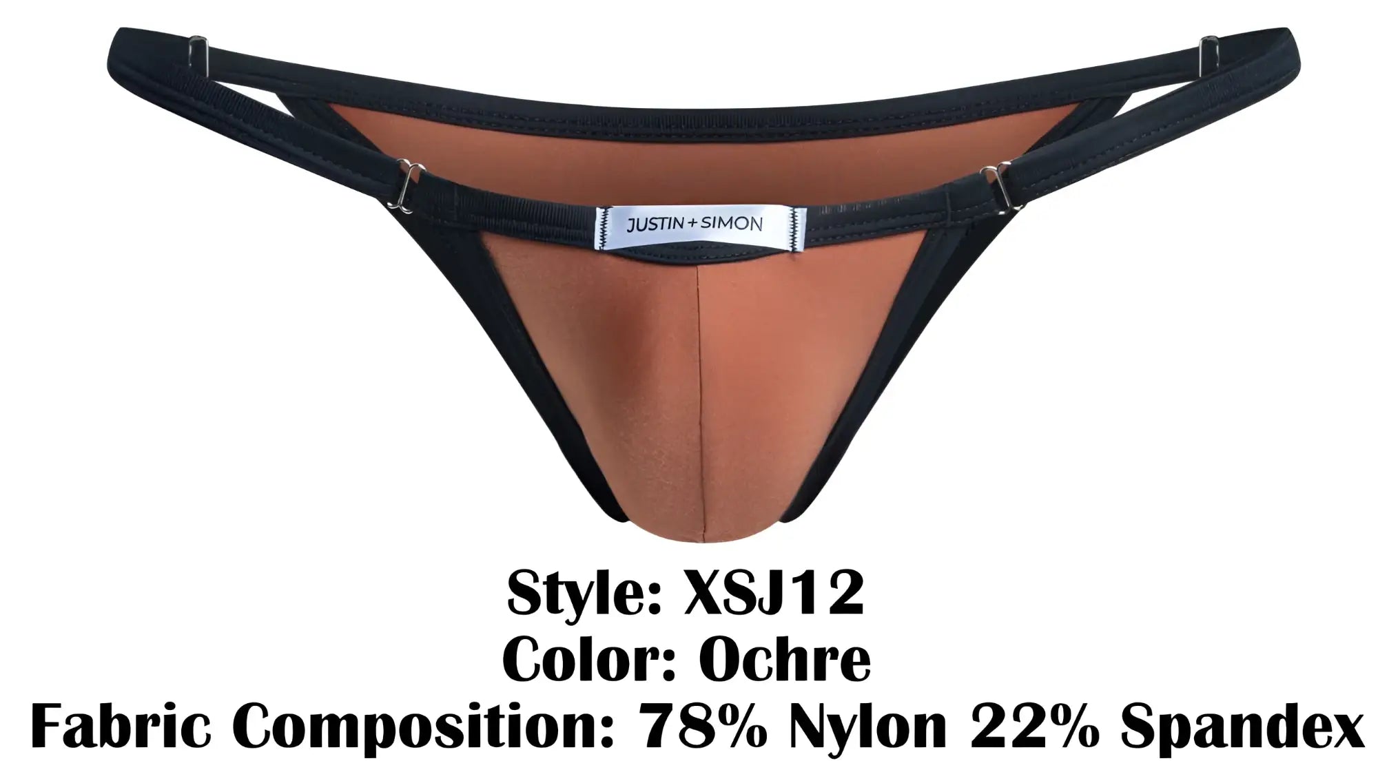 Ochre-colored thong with black trim adjustable straps and justin + simon brand label from JUSTIN+SIMON XSJ12 bikini line