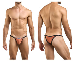 Orange and black justin simon xsj12 bikini thong with small white label at front in color ochre
