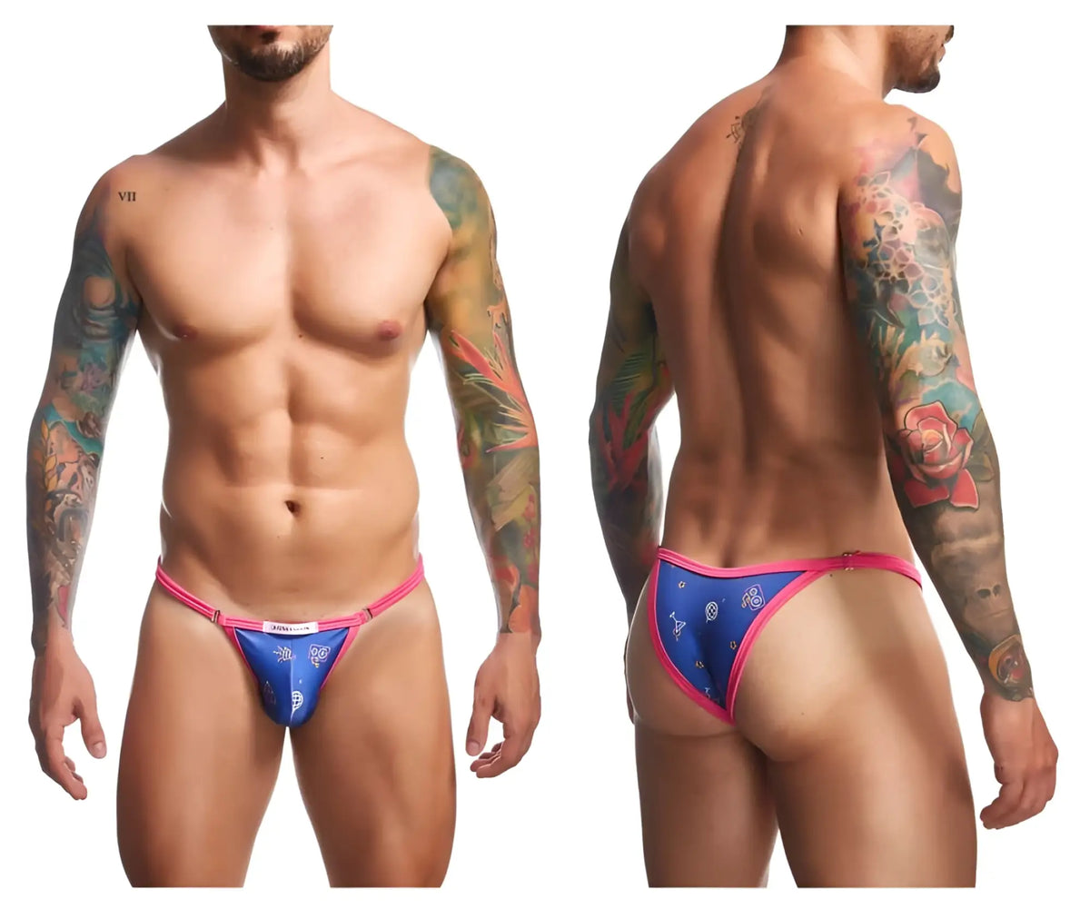Blue and pink patterned briefs with decorative design from justin simon xsj12 bikini color party collection