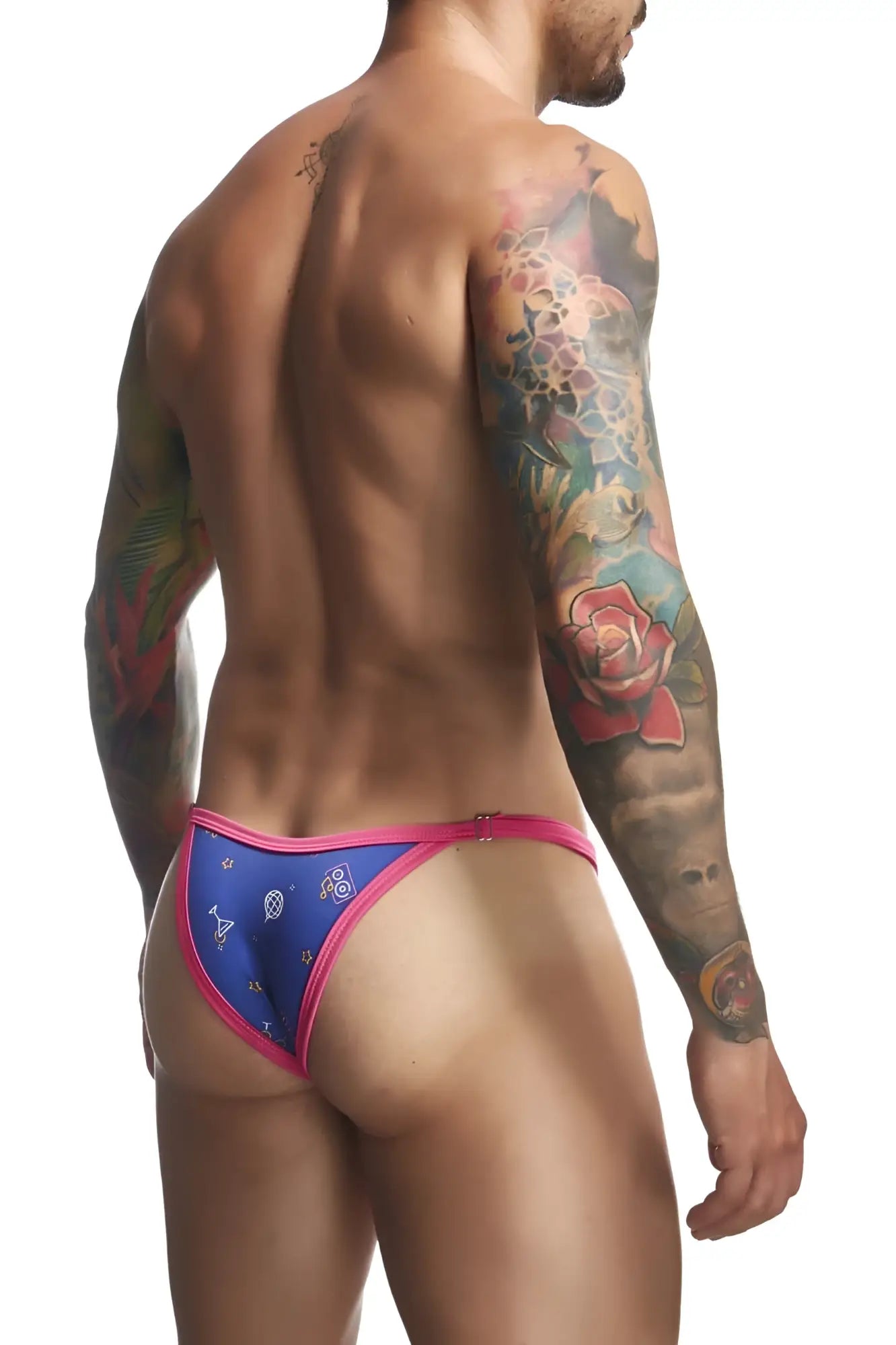 Blue and pink patterned men’s briefs with decorative design from justin simon xsj12 bikini color party collection