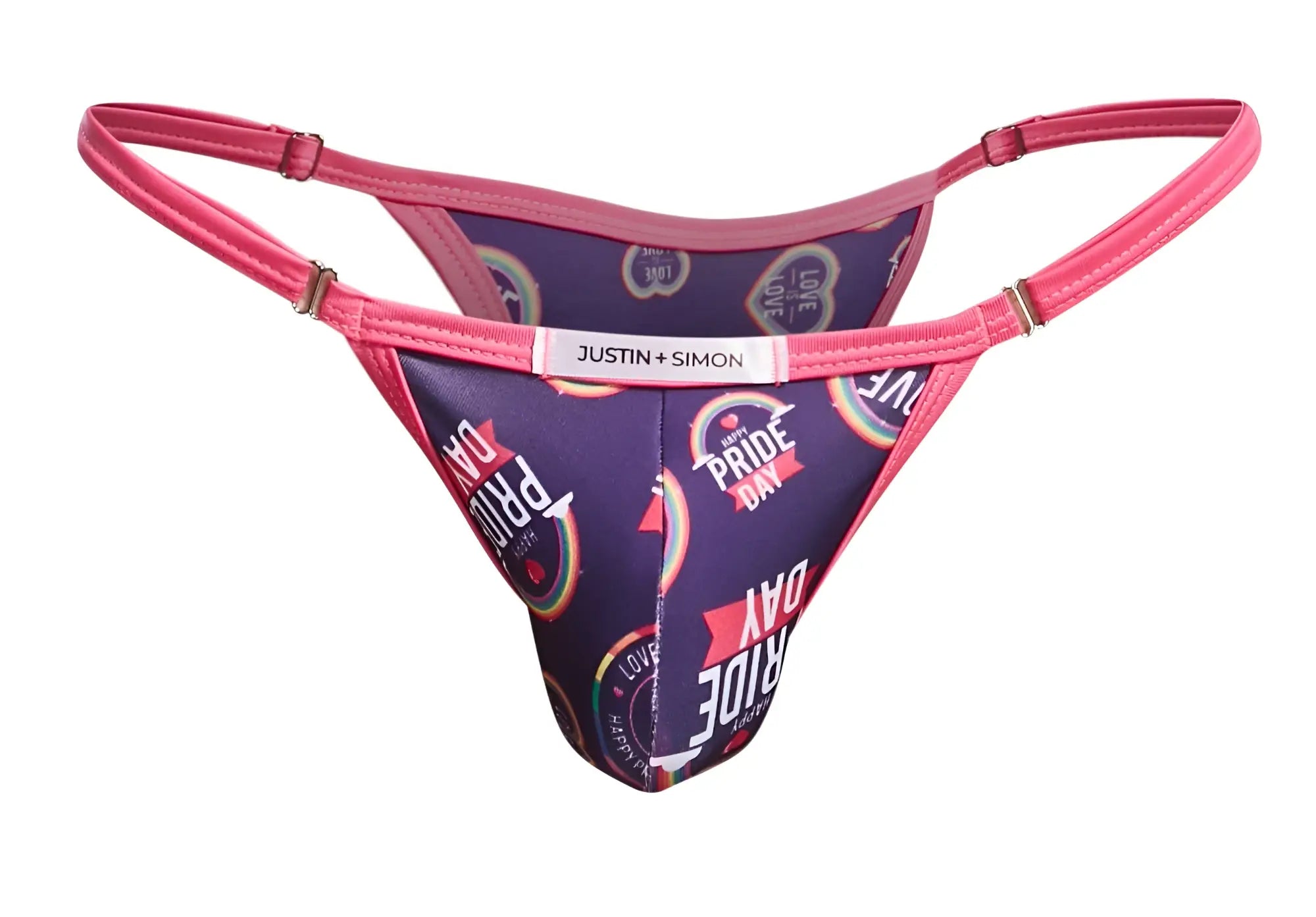 Pink and purple pride day thong with metallic clasps and justin plus simon label backside view
