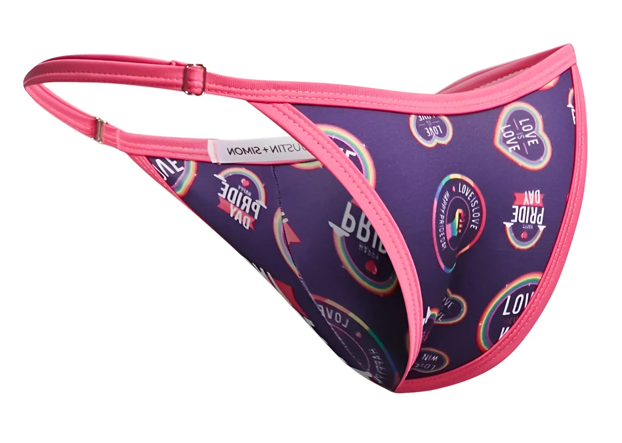 Pink-trimmed purple thong bikini with pride day and rainbow logo pattern from Justin+Simon XSJ12 Color Pride collection