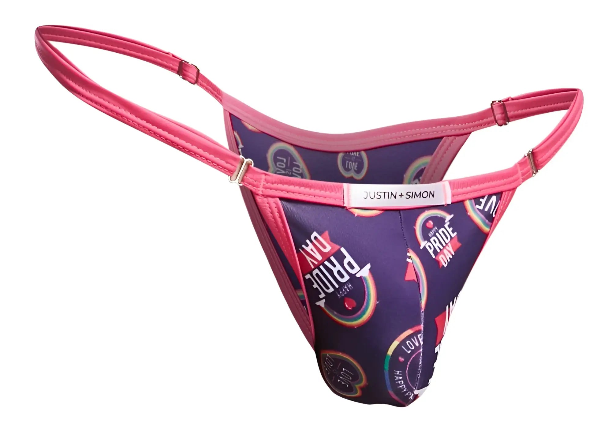 Purple and pink thong with pride day rainbow print and justin simon label from the justin simon xsj12 bikini color pride collection